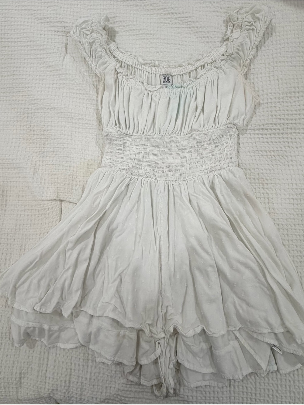 BDG White Smocked Waist Ruffle Hem Dress